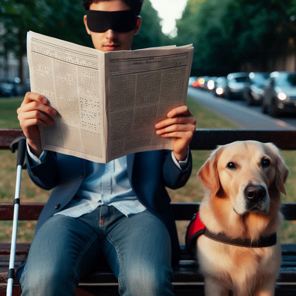 AI generated image: man with blindfold, sitting next to a guide dog, and reading a braille paper. 