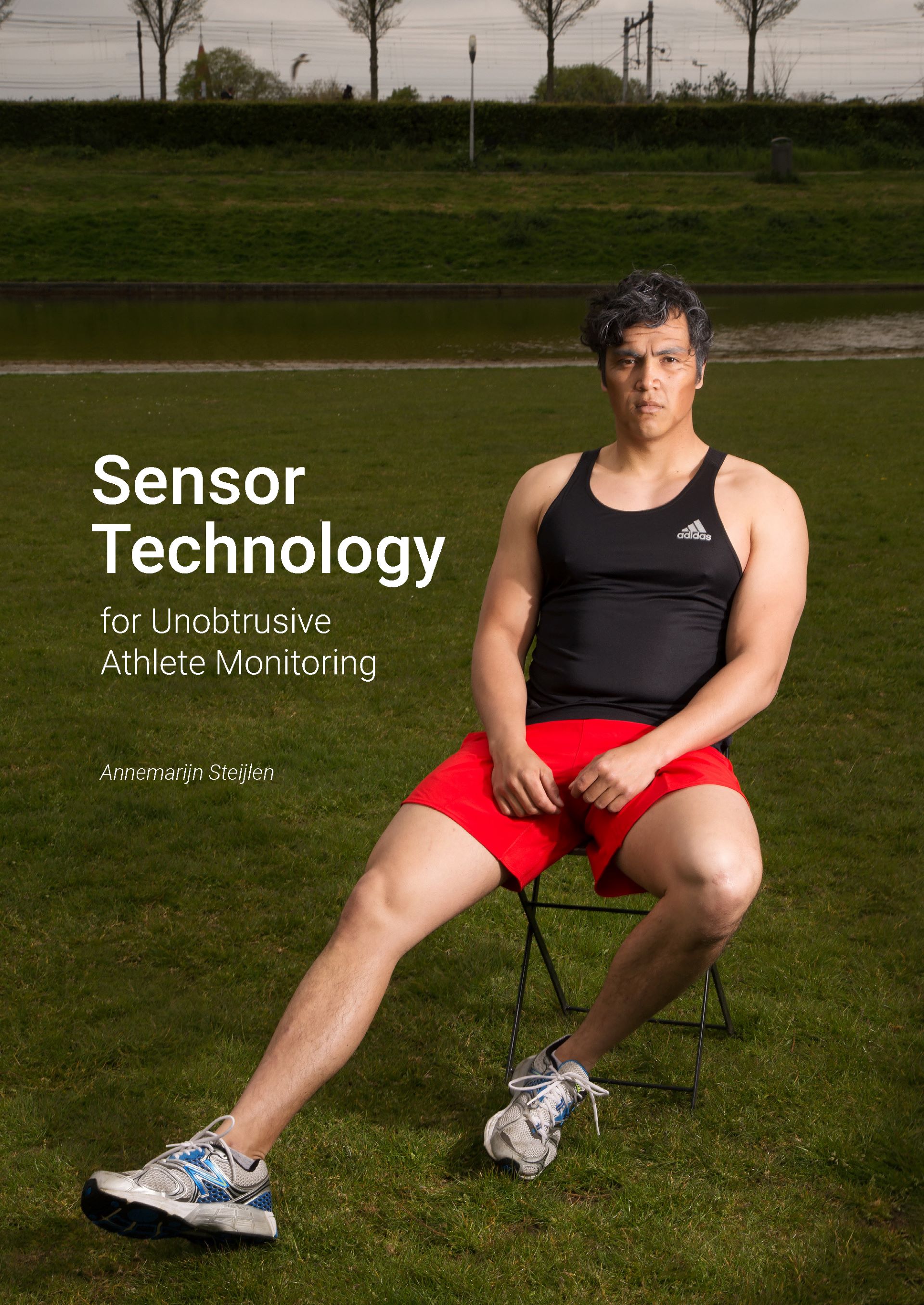 Cover of Annemarijn's thesis, with a photo of a male athlete sitting on a chair.