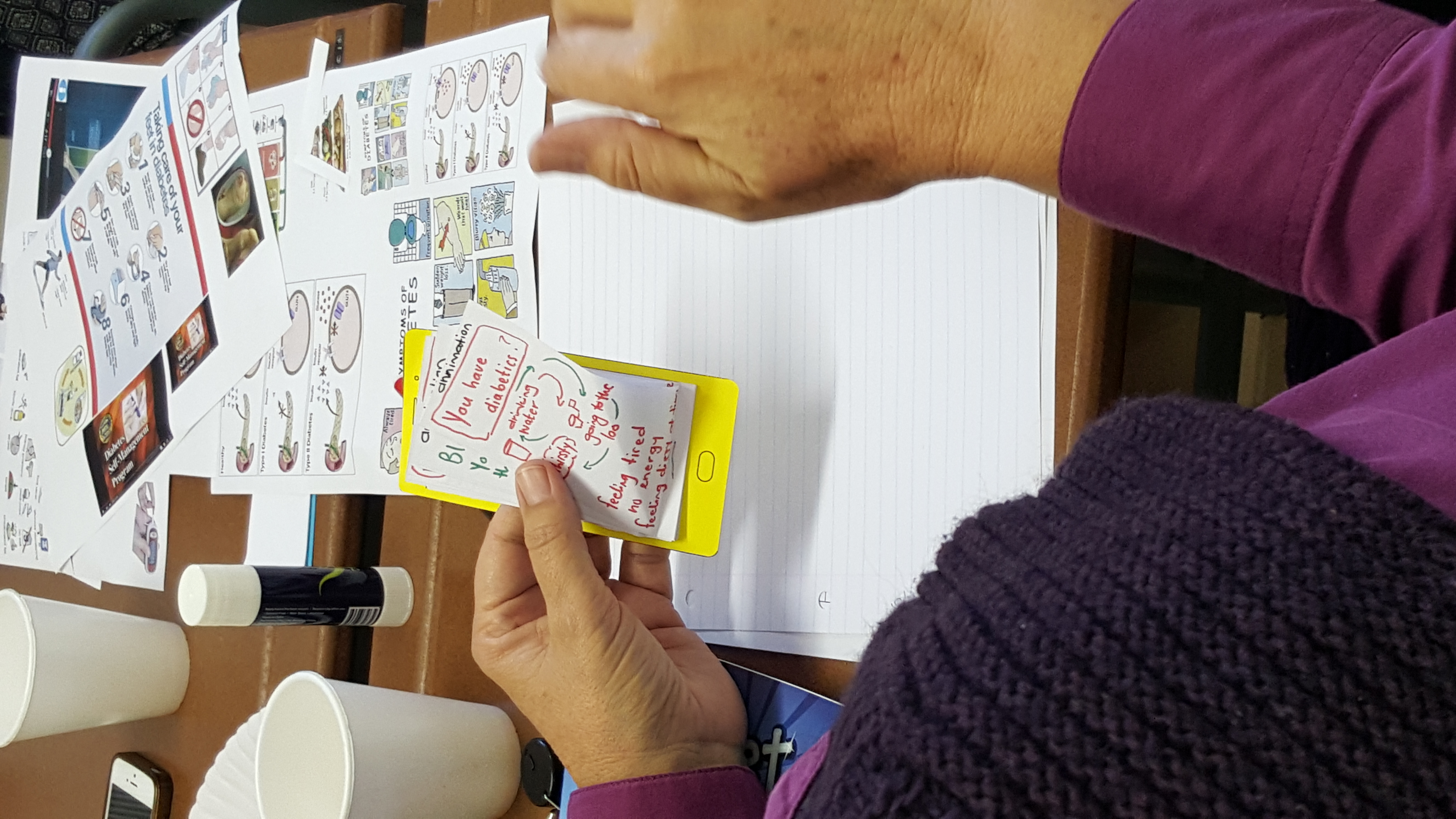 A brainstorm session participant holding cue cards