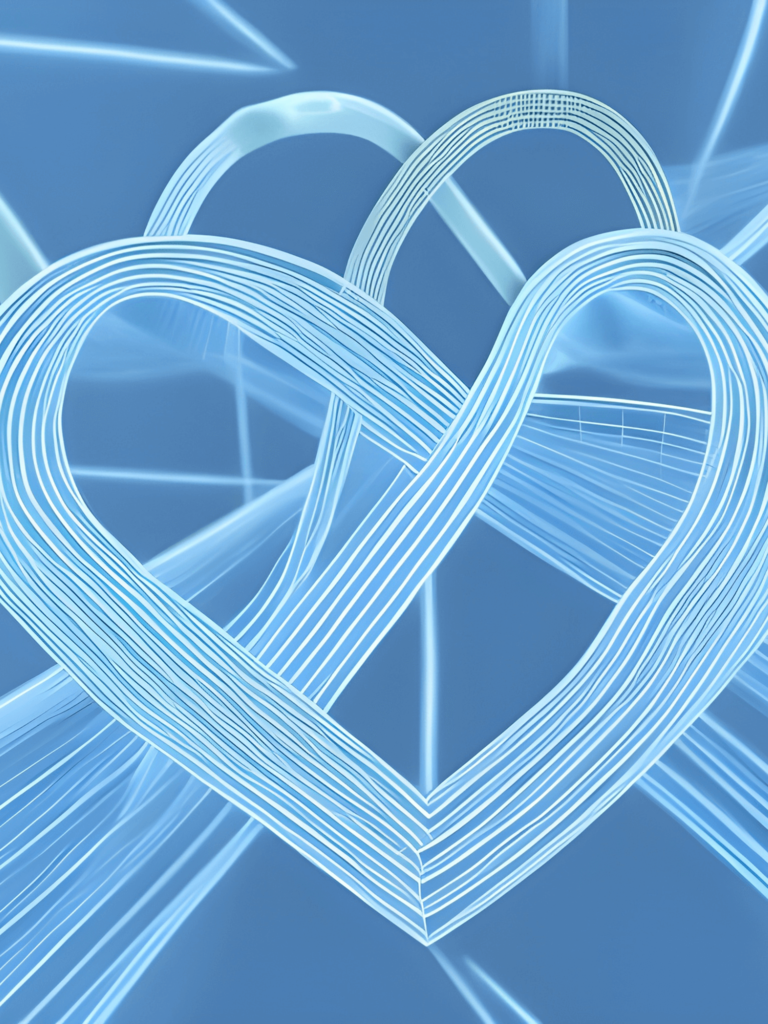 heart shaped knot of data streams and nodes, blue hues