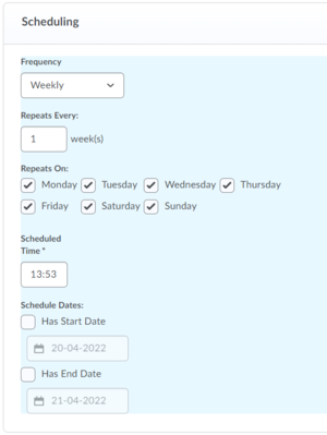 under "scheduling" you can change the frequency, scheduled time and the schedule dates