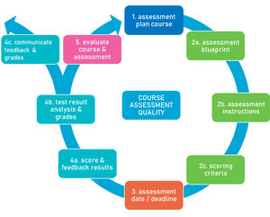 1) develop/redevelop the assessment plan of the course; 2) develop the formative and summative assessment(s) (exam, project, assignment, etc.) of the course; 3) administer the assessments to the students; 4) feedback, score, analyse, grade, and communicate feedback and grades to the students; 5) evaluate the course and its assessment. See running text. Based on Expert group BKE/SKE (2013).