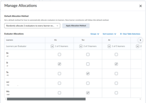 Table showcasing manage allocations options. Showcases which students are allocated to which Evaluator.