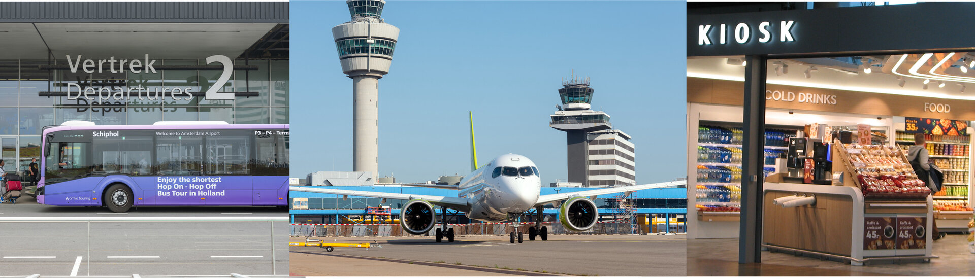 Photo montage of a KLM airplane, a bus at Schiphol airport, and a kiosk