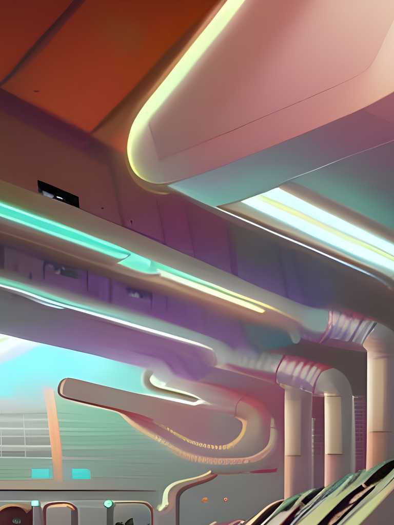 Compupter generated image of a server room, in retrofuturistic pastels
