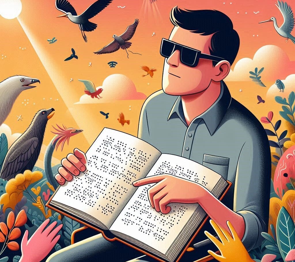 AI generated image (style: cartoon) that shows man holding a braille book outwards towards onlooking bird. 