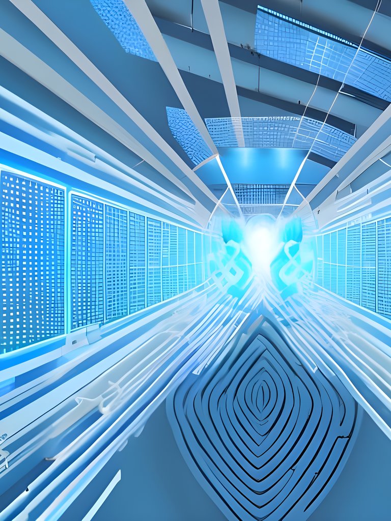 AI generated surrealistic graphic image of a data storage room in neon blue hues