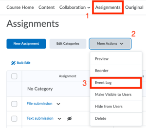 1: find Assignments, 2: click on "More Actions", 3: click on "Event Log" in the drop down menu