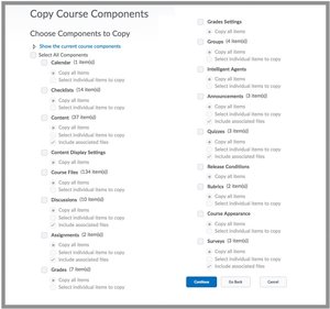Copy course components , Choose components to copy 