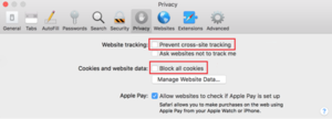 This image shows the settings for website tracking and cookies in Safari preferences. 