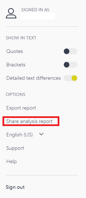 The image shows the placement of the button "Share analysis report" in the Ouriginal menu bar.