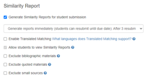 Showcases the similarity report settings, generate similarity reports for student submission is turned on. 