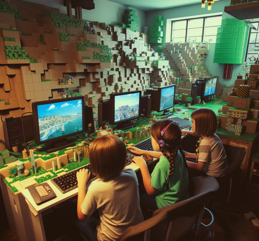 Een niet realistisch beeld gemaakt in Midjourney waarbij kinderen leren programmeren in Minecraft